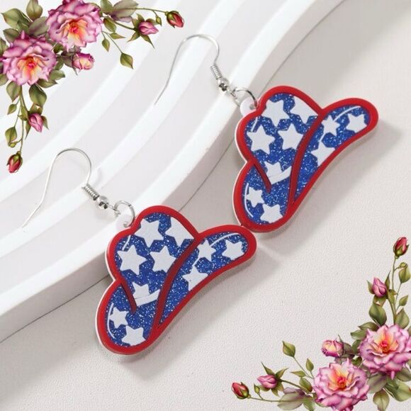 Cowboy hat western American flag 4th of July earrings - Picture 1 of 8